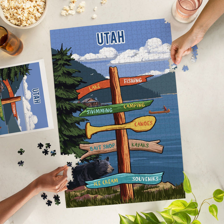 Utah, Signpost, Lake and Bear, Jigsaw Puzzle Puzzle Lantern Press 