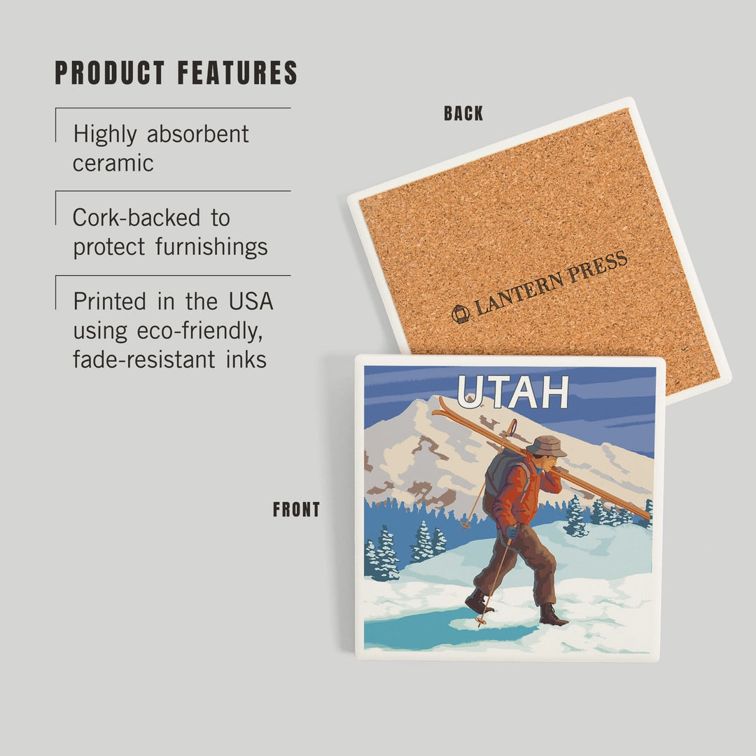 Utah, Skier Carrying Skis, Coasters Coasters Lantern Press 