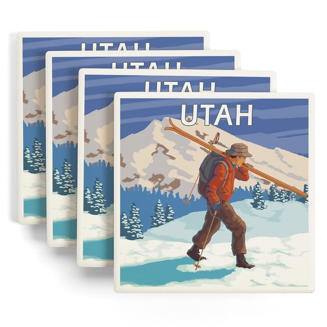 Utah, Skier Carrying Skis, Coasters Coasters Lantern Press 