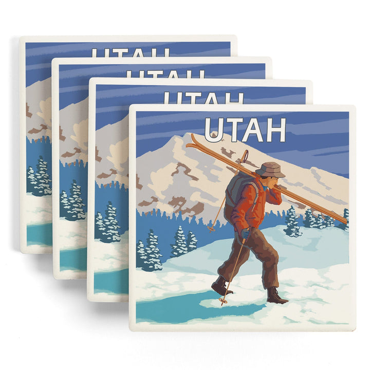 Utah, Skier Carrying Skis, Coasters Coasters Lantern Press 