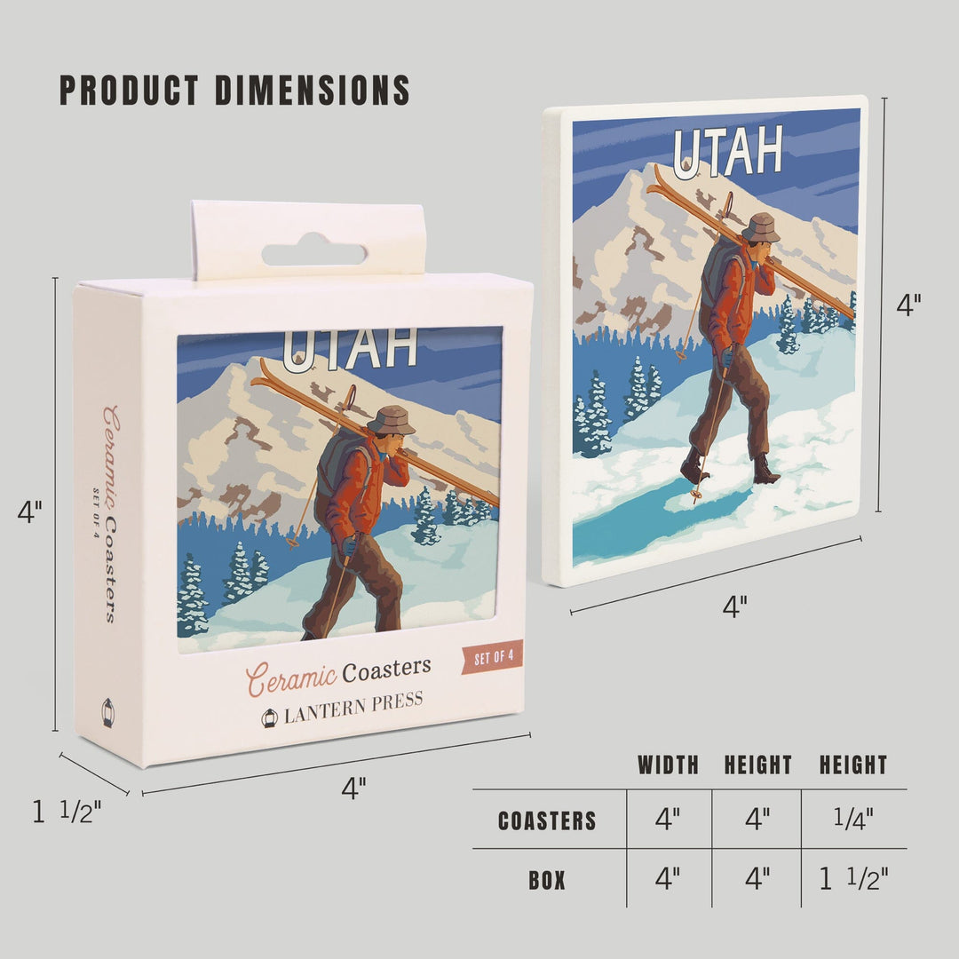 Utah, Skier Carrying Skis, Coasters Coasters Lantern Press 