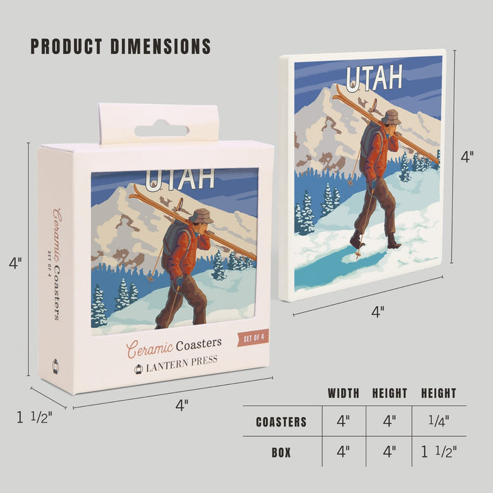 Utah, Skier Carrying Skis, Coasters Coasters Lantern Press 