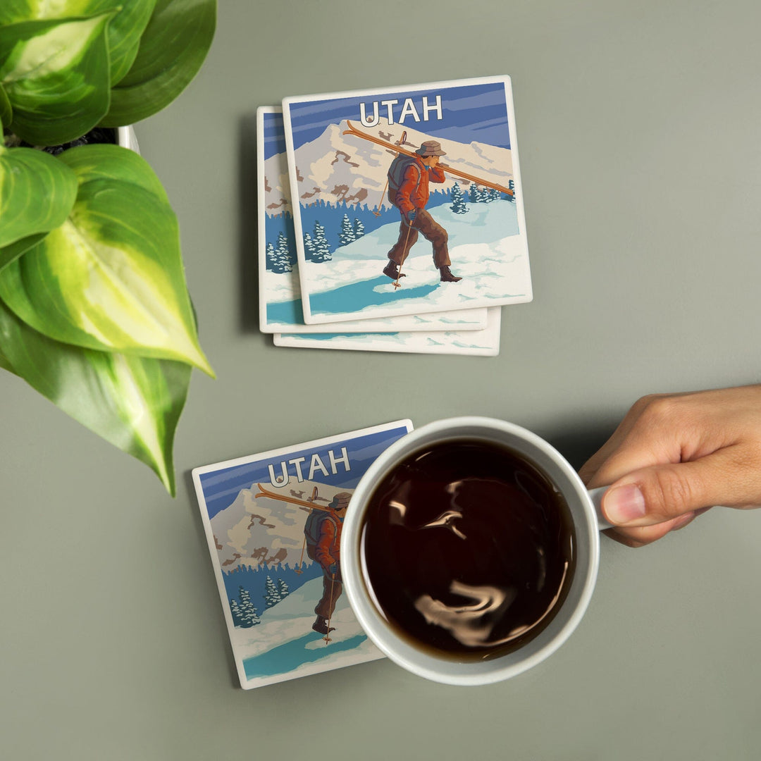 Utah, Skier Carrying Skis, Coasters Coasters Lantern Press 