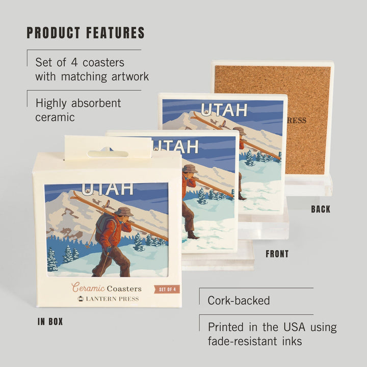 Utah, Skier Carrying Skis, Coasters Coasters Lantern Press 