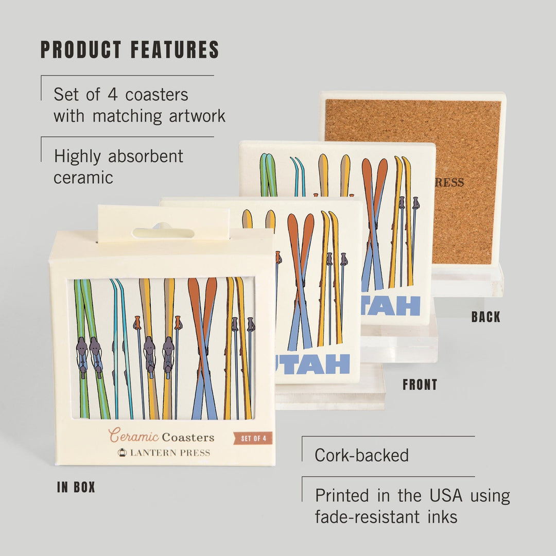 Utah, Skis in Snow, Coasters Coasters Lantern Press 