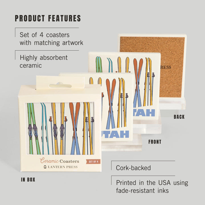 Utah, Skis in Snow, Coasters Coasters Lantern Press 