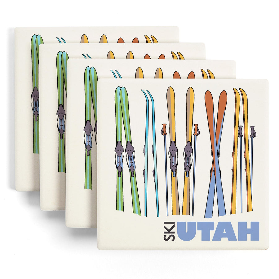 Utah, Skis in Snow, Lantern Press Artwork, Coaster Set Coasters Lantern Press 