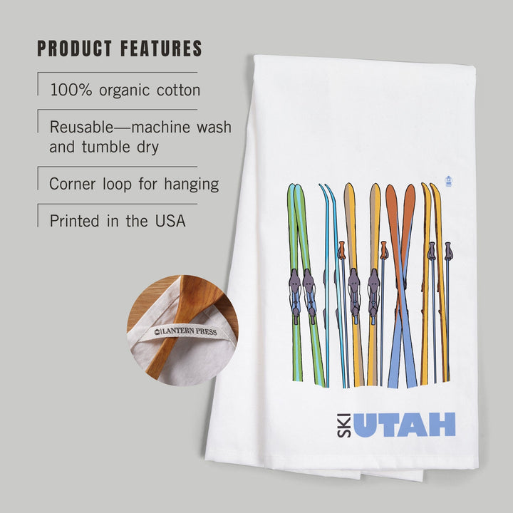 Utah, Skis in Snow, Organic Cotton Kitchen Tea Towels Kitchen Lantern Press 