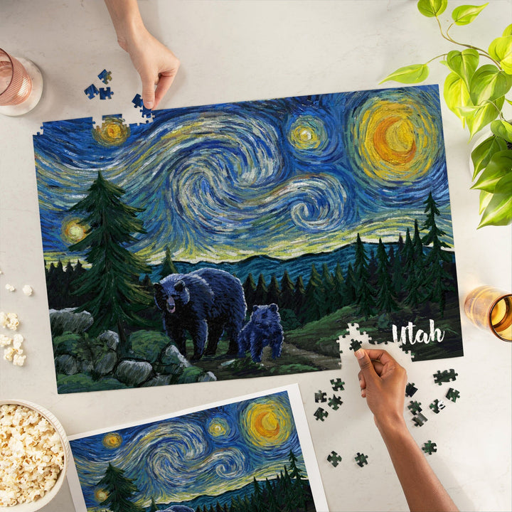 Utah, Starry Night, Bear and Cub, Jigsaw Puzzle Puzzle Lantern Press 