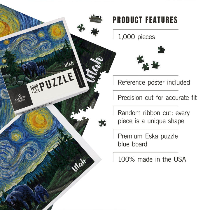 Utah, Starry Night, Bear and Cub, Jigsaw Puzzle Puzzle Lantern Press 
