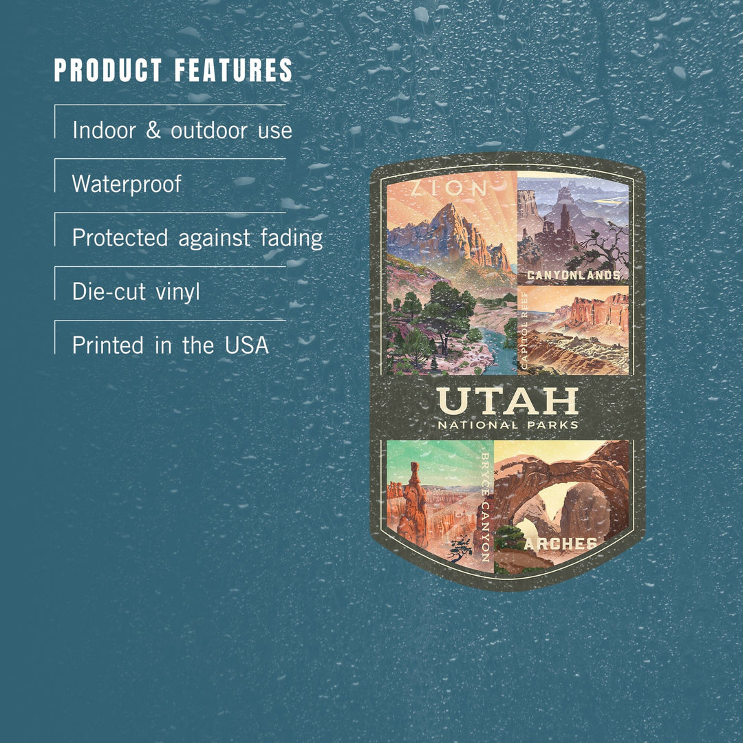 Utah's National Parks Collage, Lithograph National Park Series, Contour, Vinyl Sticker Sticker Lantern Press 
