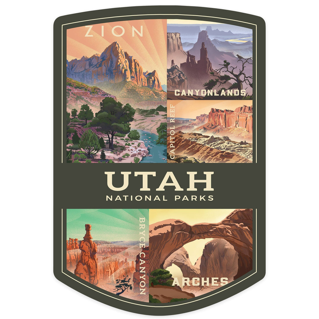 Utah's National Parks Collage, Lithograph National Park Series, Contour, Vinyl Sticker Sticker Lantern Press 