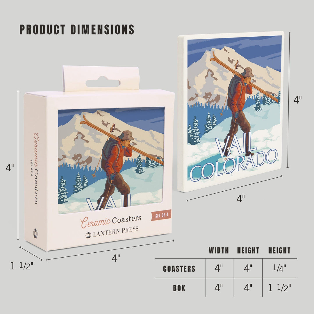 Vail, Colorado, Skier Carrying Skis, Coasters Coasters Lantern Press 