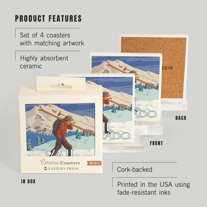 Vail, Colorado, Skier Carrying Skis, Coasters Coasters Lantern Press 