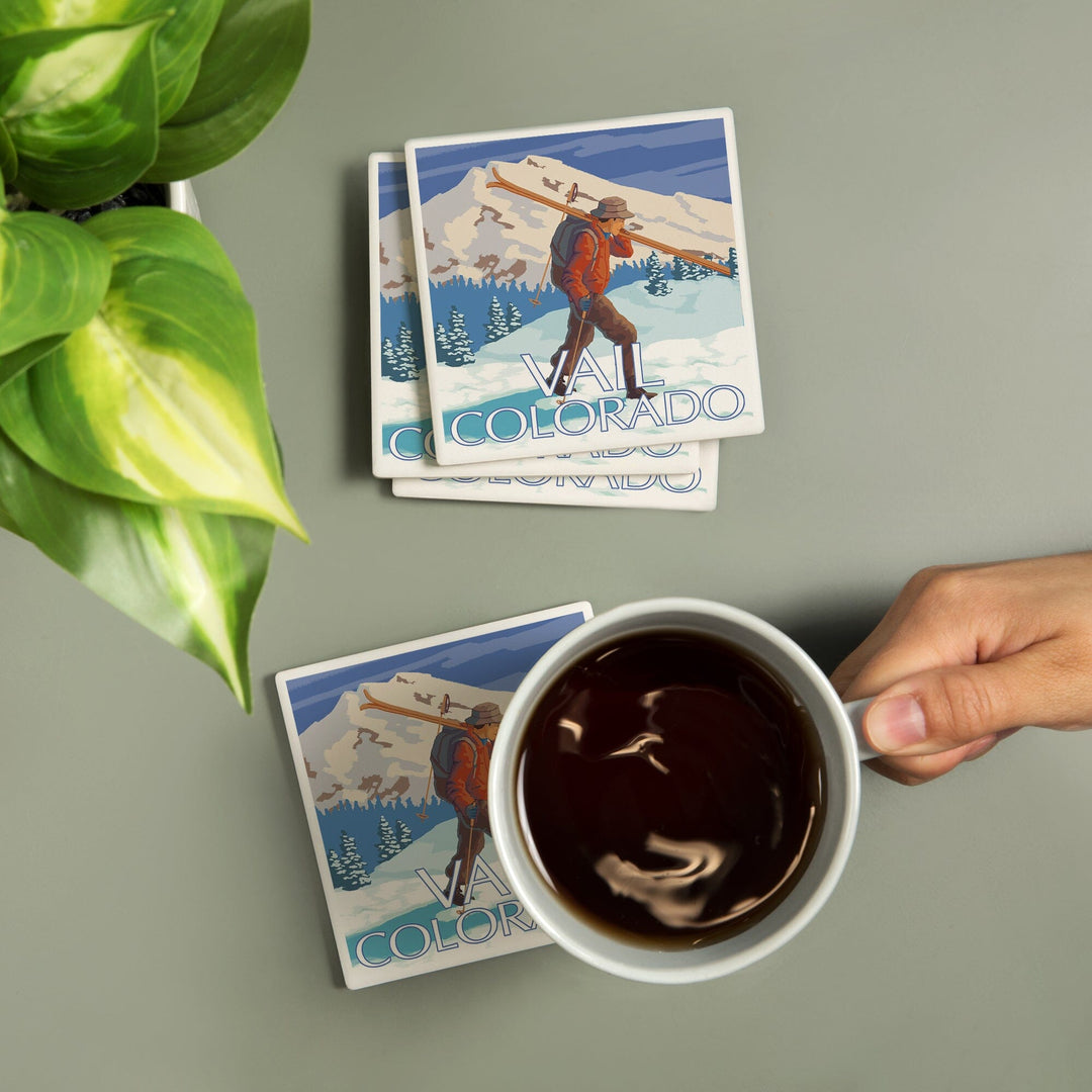 Vail, Colorado, Skier Carrying Skis, Coasters Coasters Lantern Press 