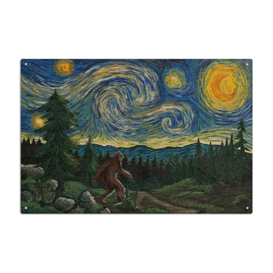 Van Gogh Starry Night, Bigfoot, Lantern Press Artwork, Wood Signs and Postcards Wood Lantern Press 10 x 15 Wood Sign 