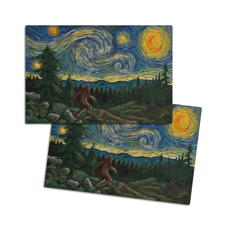 Van Gogh Starry Night, Bigfoot, Lantern Press Artwork, Wood Signs and Postcards Wood Lantern Press 4x6 Wood Postcard Set 