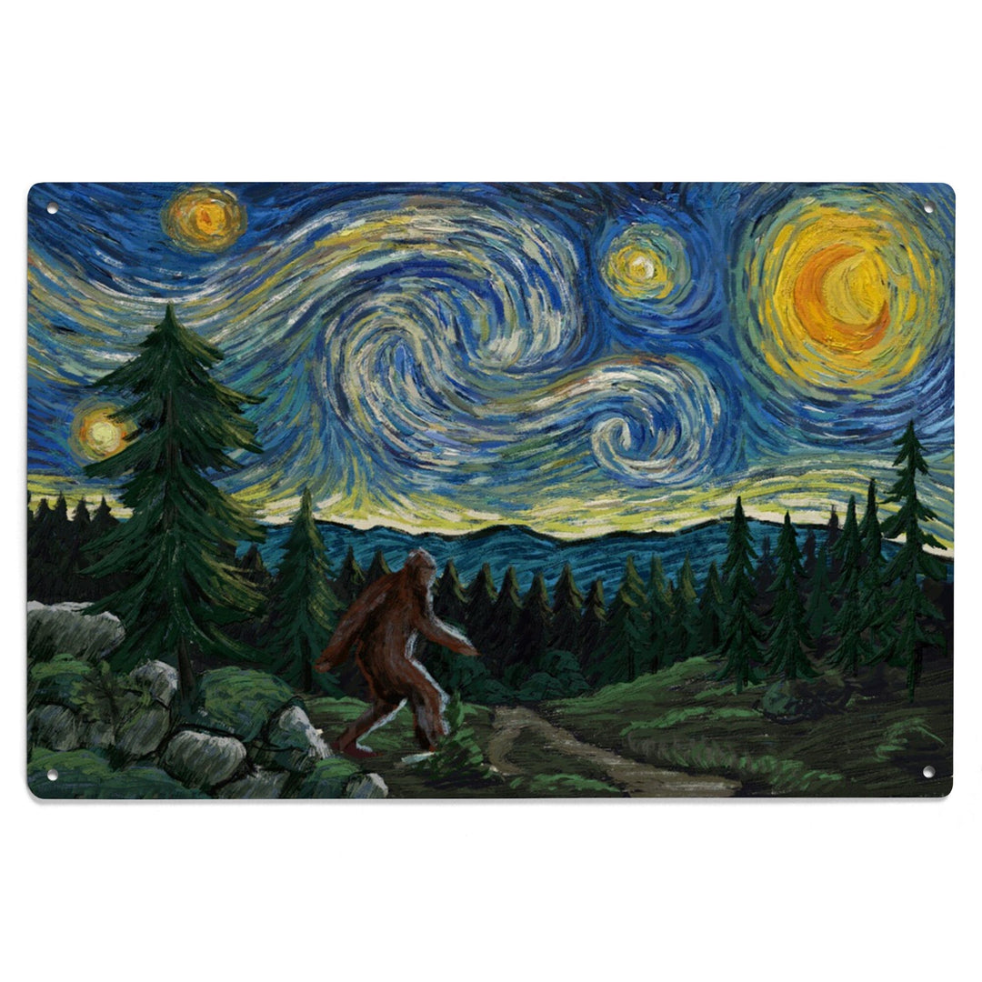 Van Gogh Starry Night, Bigfoot, Lantern Press Artwork, Wood Signs and Postcards Wood Lantern Press 