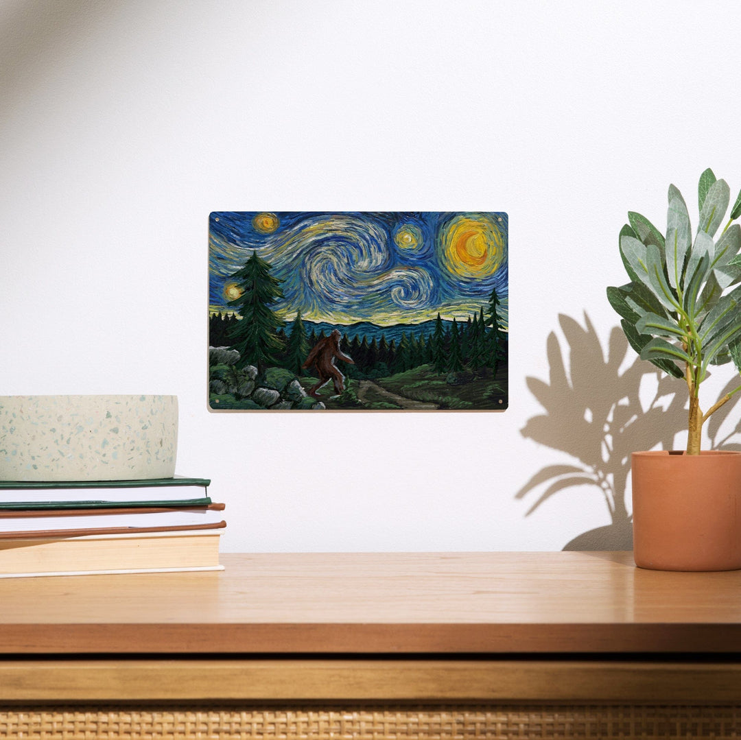 Van Gogh Starry Night, Bigfoot, Lantern Press Artwork, Wood Signs and Postcards Wood Lantern Press 