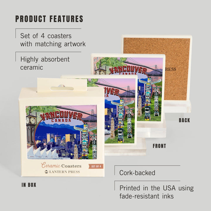 Vancouver, BC, Canada, Montage Scenes, Coasters Coasters Lantern Press 