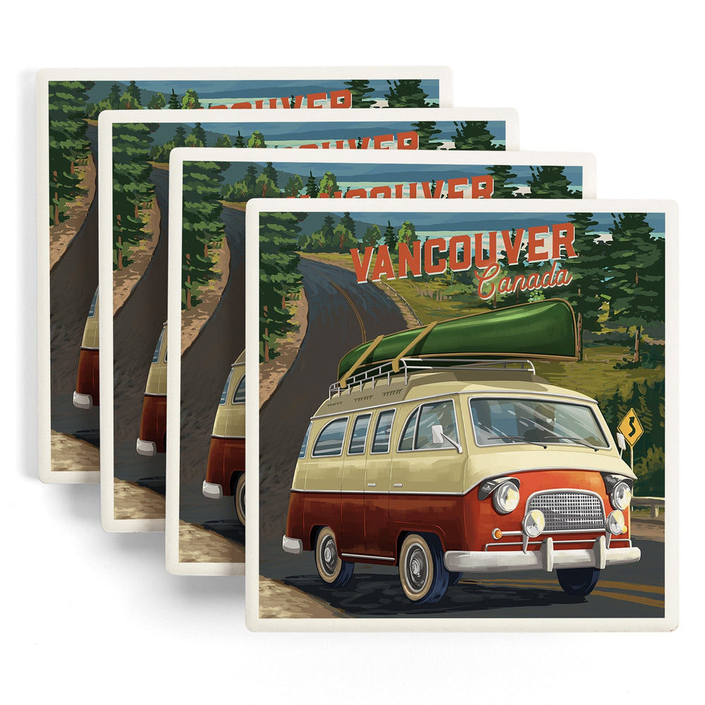 Vancouver, British Columbia, Canada, Camper Van, Off To Roam, Painterly, Coasters Coasters Lantern Press 