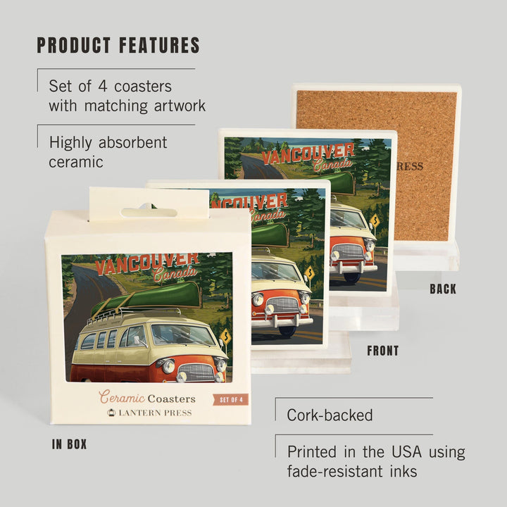 Vancouver, British Columbia, Canada, Camper Van, Off To Roam, Painterly, Coasters Coasters Lantern Press 