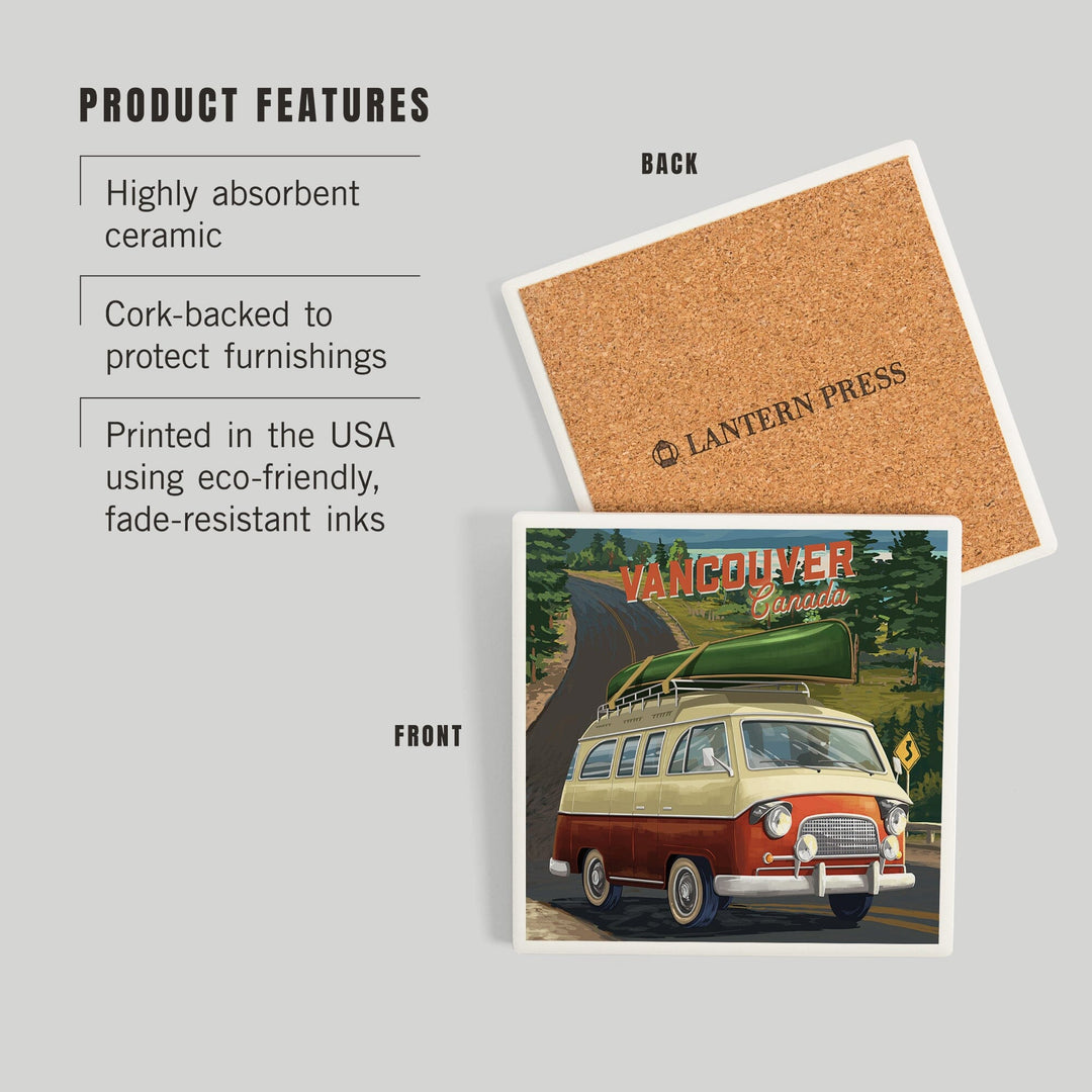 Vancouver, British Columbia, Canada, Camper Van, Off To Roam, Painterly, Coasters Coasters Lantern Press 