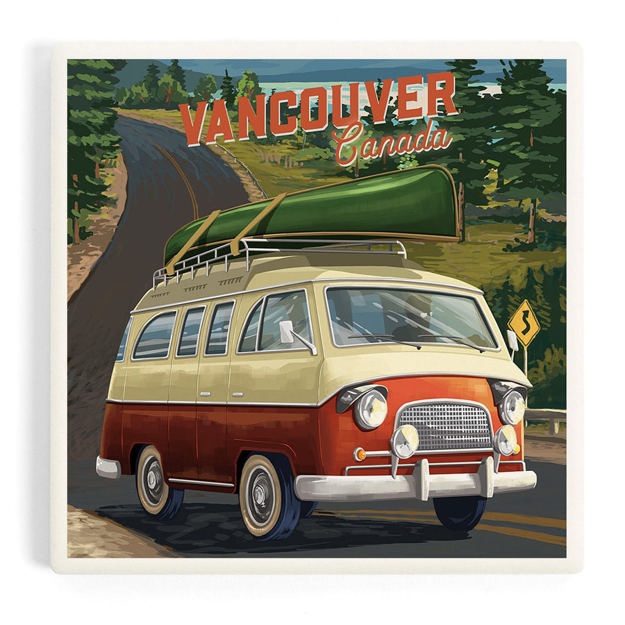 Vancouver, British Columbia, Canada, Camper Van, Off To Roam, Painterly, Coasters Coasters Lantern Press 