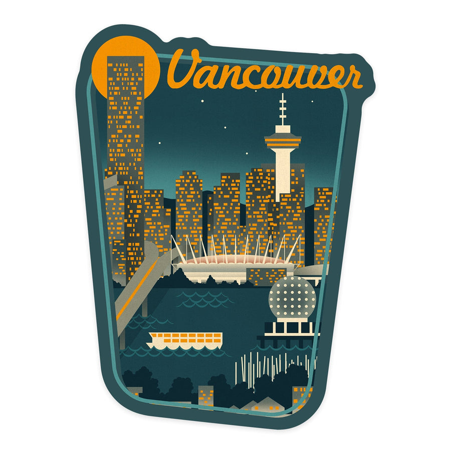Vancouver, British Columbia, Retro Skyline, Contour, Lantern Press Artwork, Vinyl Sticker Sticker Lantern Press 