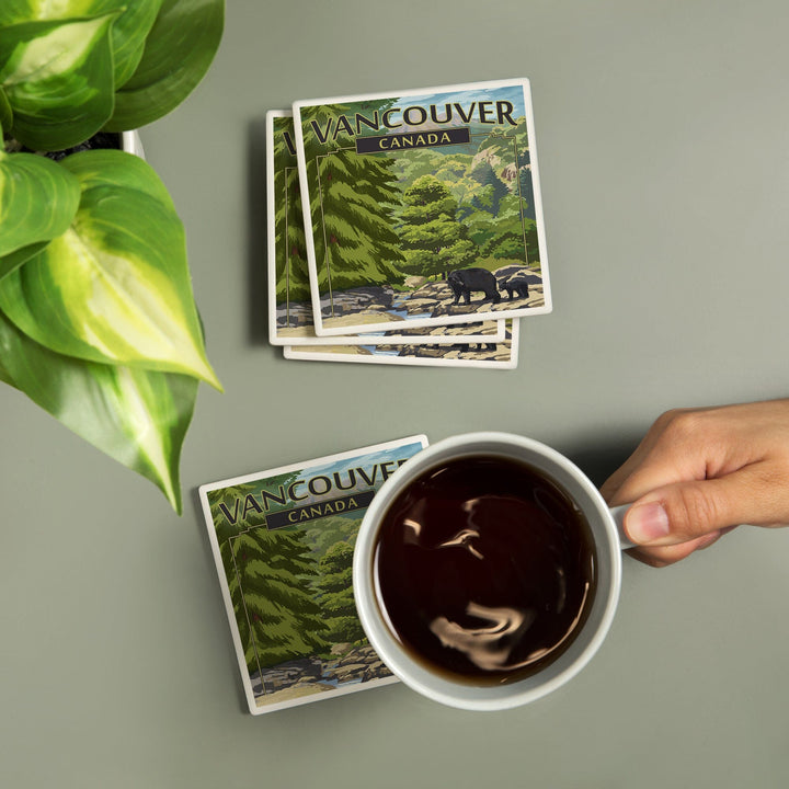 Vancouver, Canada, Black Bears and Stream, Coasters Coasters Lantern Press 