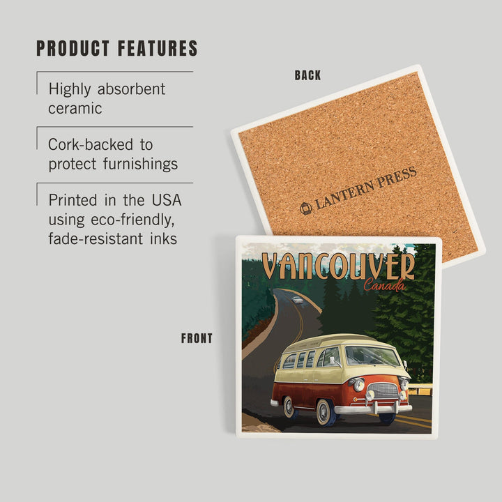 Vancouver, Canada, Camper Van, Evergreens, Coasters Coasters Lantern Press 