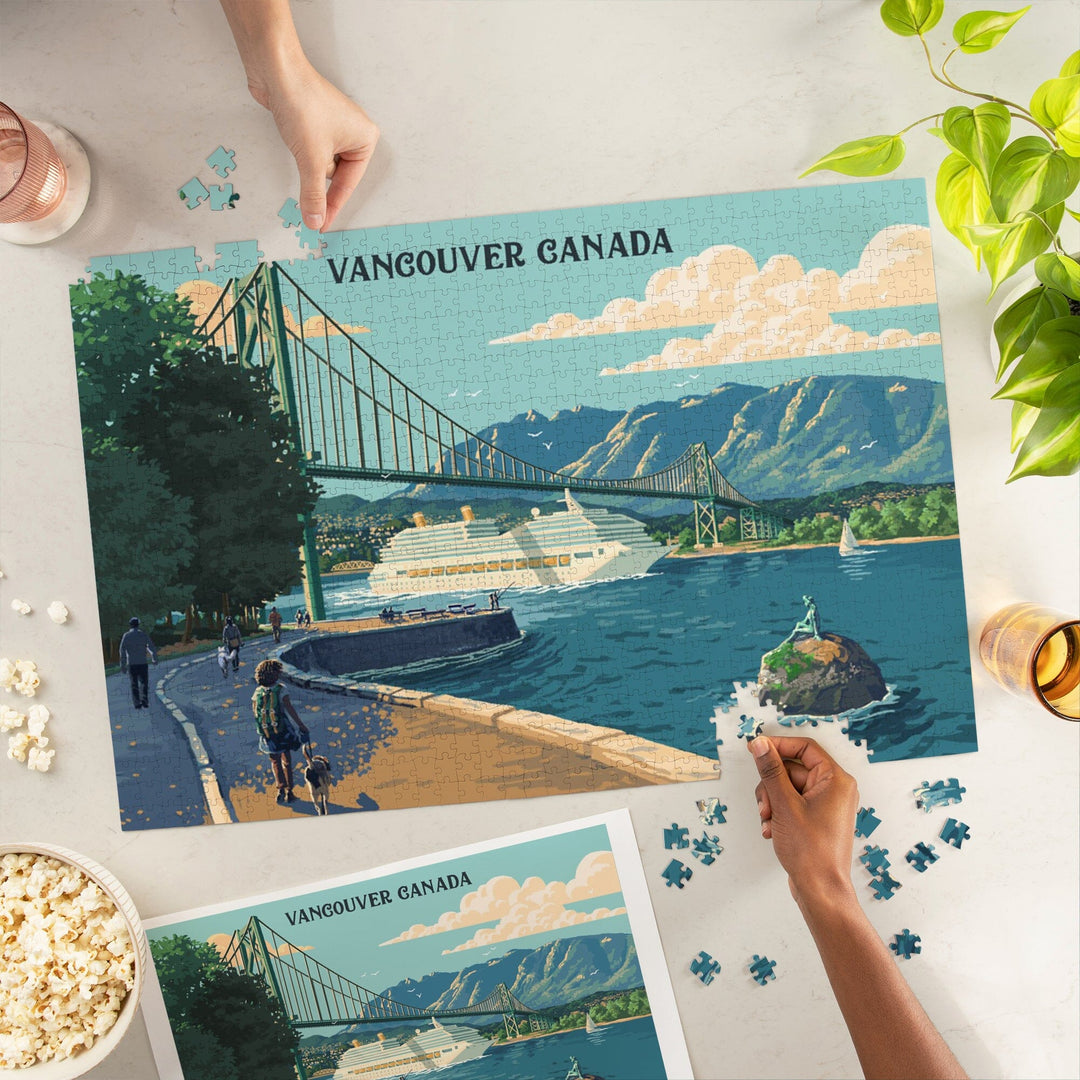 Vancouver Canada, Lions Gate Bridge, Painterly, Jigsaw Puzzle Puzzle Lantern Press 