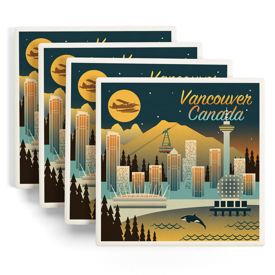 Vancouver, Canada, Retro Skyline Chromatic Series, Lantern Press Artwork, Coaster Set Coasters Lantern Press 