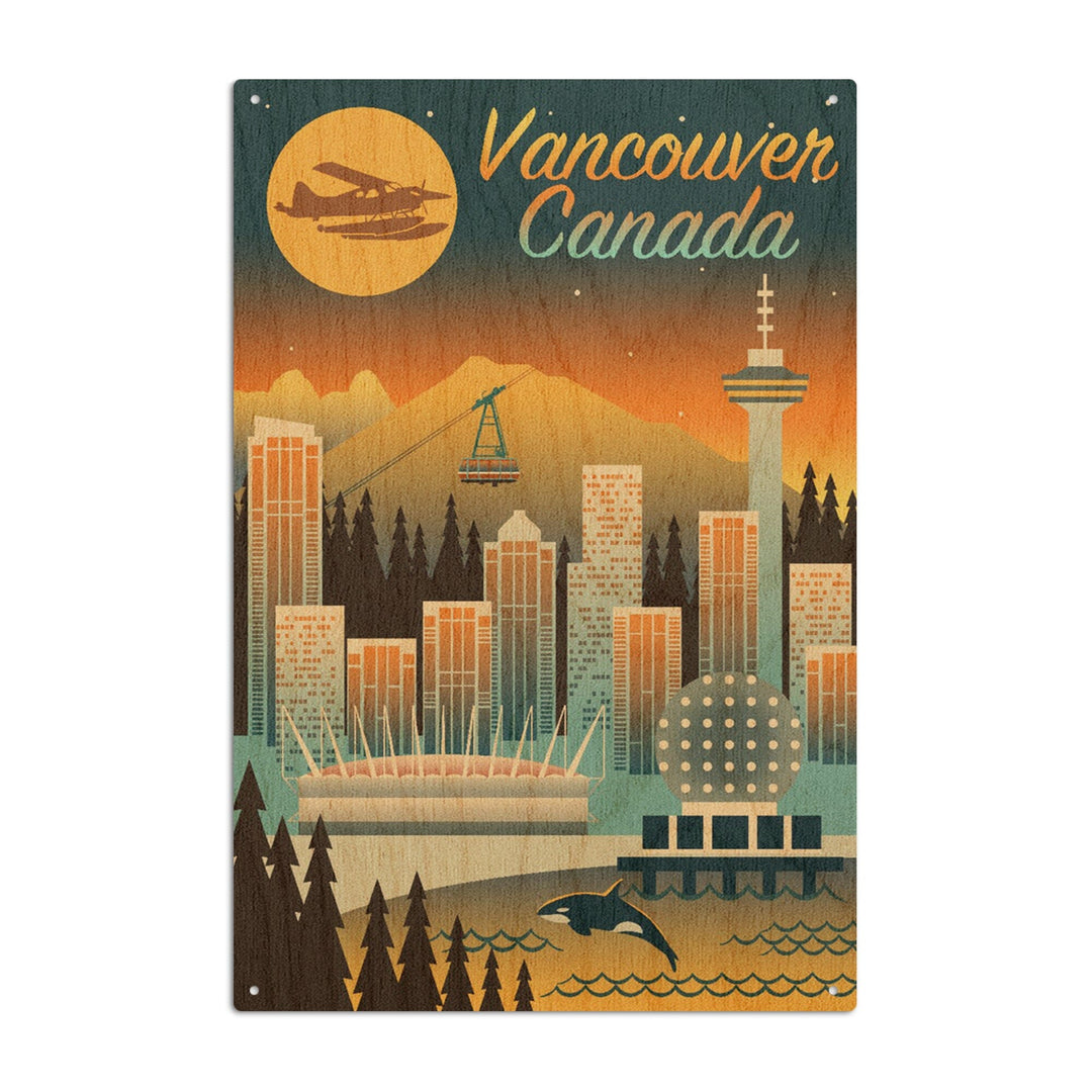 Vancouver, Canada, Retro Skyline Chromatic Series, Lantern Press Artwork, Wood Signs and Postcards Wood Lantern Press 10 x 15 Wood Sign 
