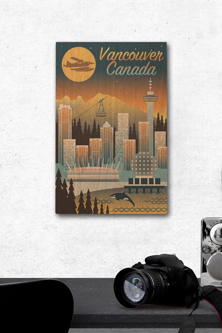 Vancouver, Canada, Retro Skyline Chromatic Series, Lantern Press Artwork, Wood Signs and Postcards Wood Lantern Press 12 x 18 Wood Gallery Print 