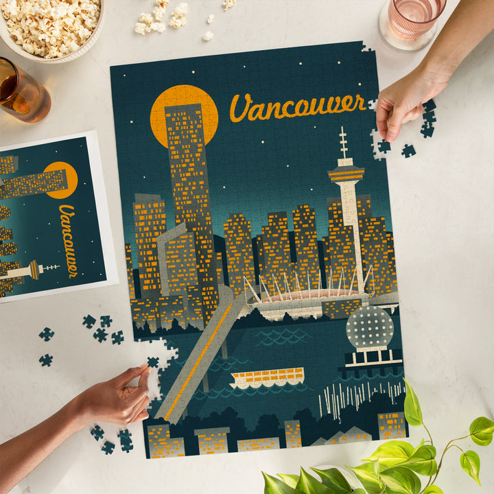 Vancouver, Canada, Retro Skyline, Jigsaw Puzzle Puzzle Lantern Press 