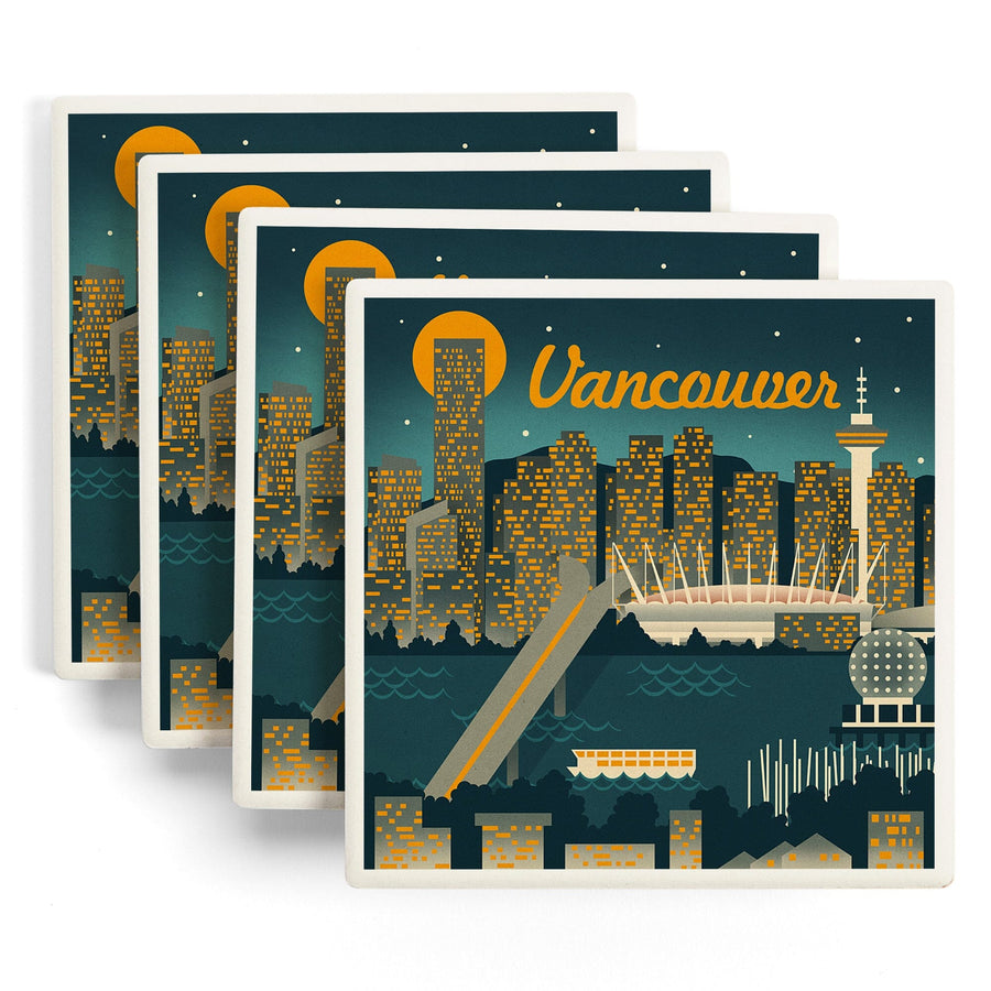 Vancouver, Canada, Retro Skyline, Lantern Press Artwork, Coaster Set Coasters Lantern Press 