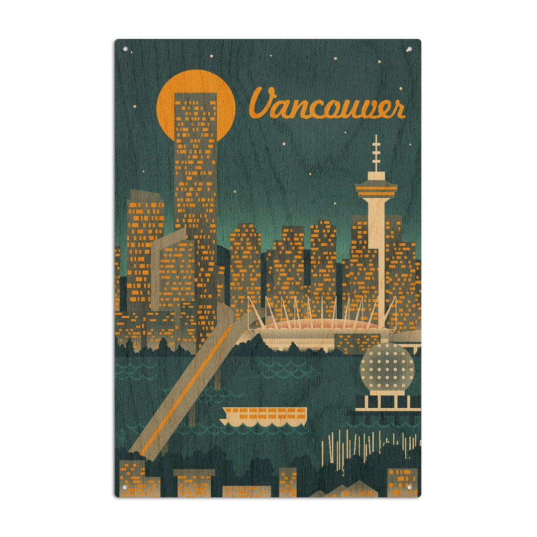 Vancouver, Canada, Retro Skyline, Lantern Press Artwork, Wood Signs and Postcards Wood Lantern Press 10 x 15 Wood Sign 