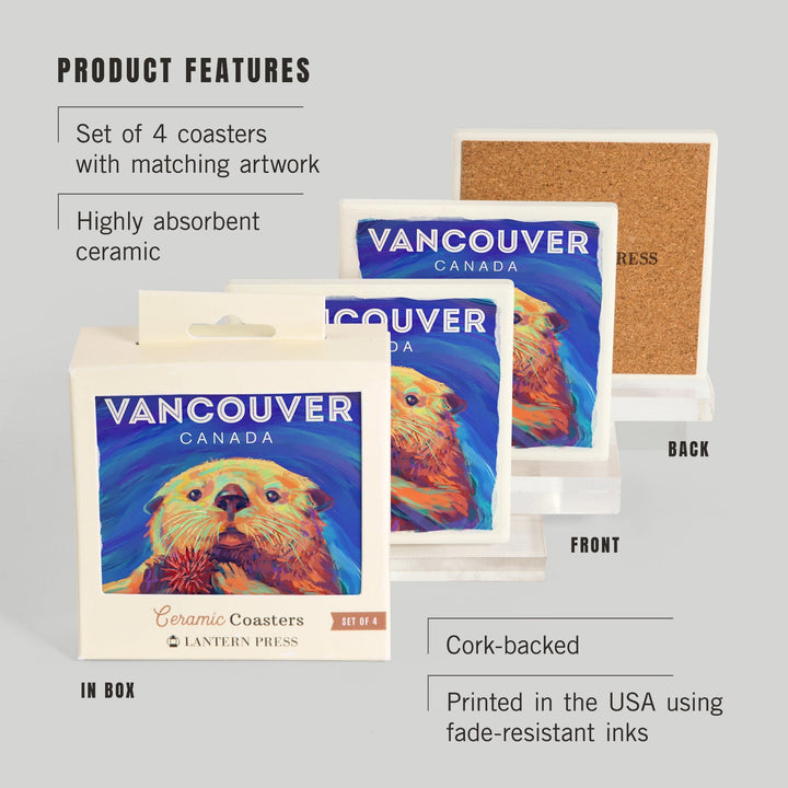 Vancouver, Canada, Sea Otter, Vivid Series, Coasters Coasters Lantern Press 