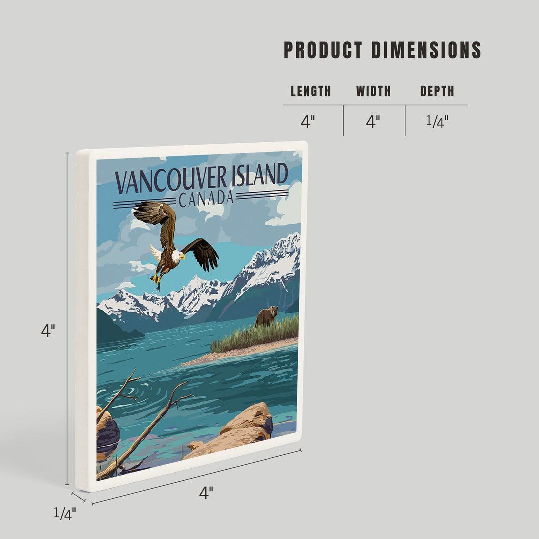 Vancouver Island, Canada, Painterly, Lake Scene, Bald Eagle and Bear, Coasters Coasters Lantern Press 