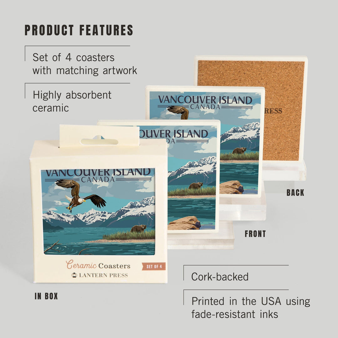 Vancouver Island, Canada, Painterly, Lake Scene, Bald Eagle and Bear, Coasters Coasters Lantern Press 