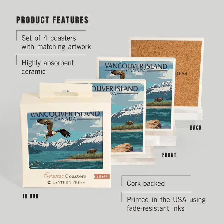 Vancouver Island, Canada, Painterly, Lake Scene, Bald Eagle and Bear, Coasters Coasters Lantern Press 