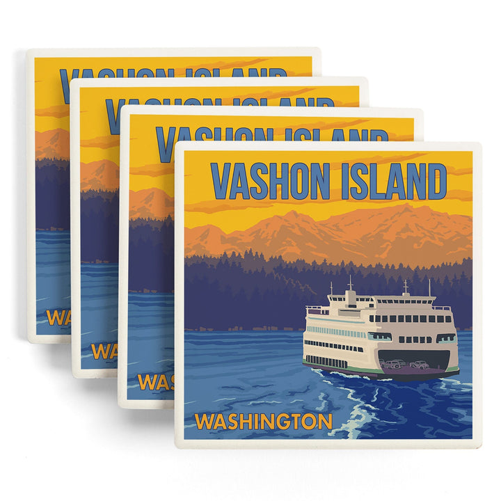 Vashon Island, Washington, Ferry and Mountains, Coasters Coasters Lantern Press 