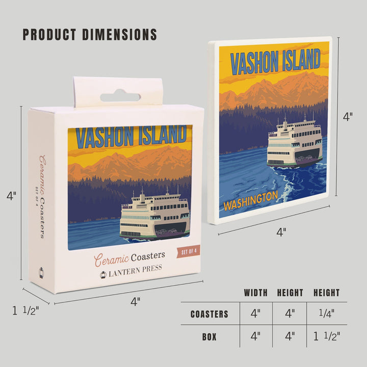 Vashon Island, Washington, Ferry and Mountains, Coasters Coasters Lantern Press 