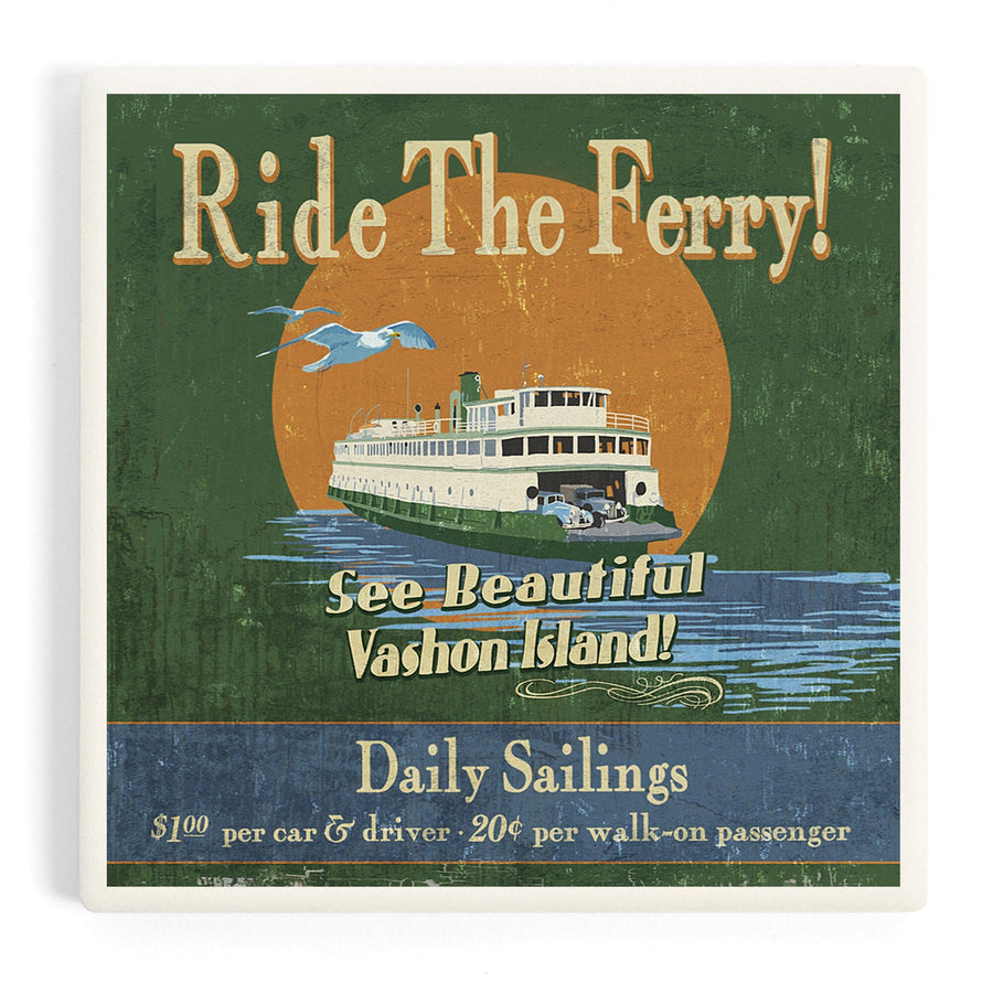 Vashon Island, Washington, Ferry Ride Vintage Sign, Coasters Coasters Lantern Press 