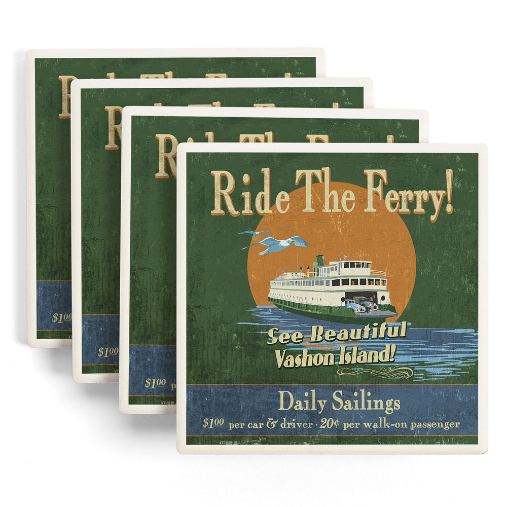 Vashon Island, Washington, Ferry Ride Vintage Sign, Coasters Coasters Lantern Press 