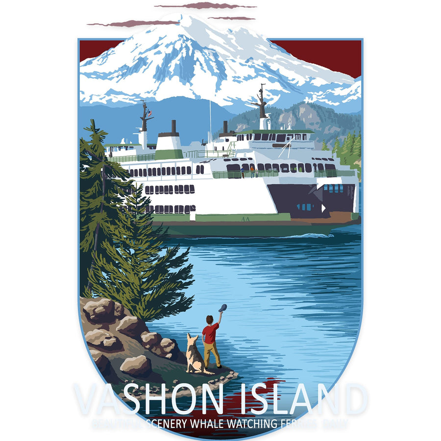 Vashon Island, Washington, Ferry Scene, Contour, Vinyl Sticker Sticker Lantern Press 
