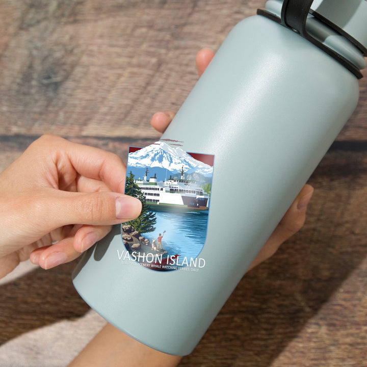 Vashon Island, Washington, Ferry Scene, Contour, Vinyl Sticker Sticker Lantern Press 