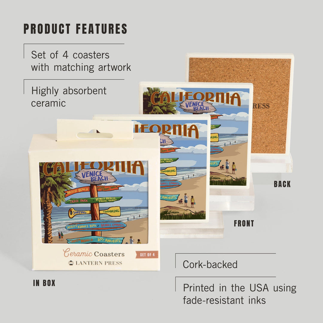 Venice Beach, California, Destinations Sign, Coasters Coasters Lantern Press 