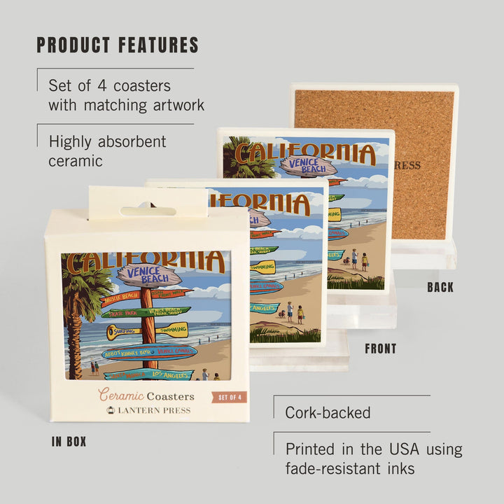 Venice Beach, California, Destinations Sign, Coasters Coasters Lantern Press 